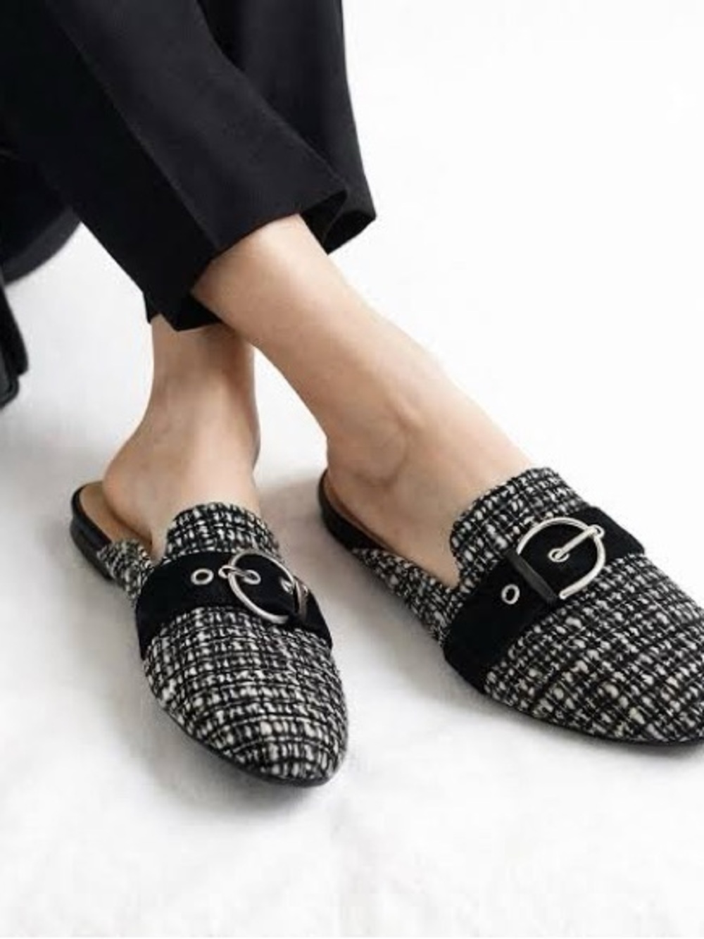Talbots Black and White Tweed Slip-On Loafers with Buckle